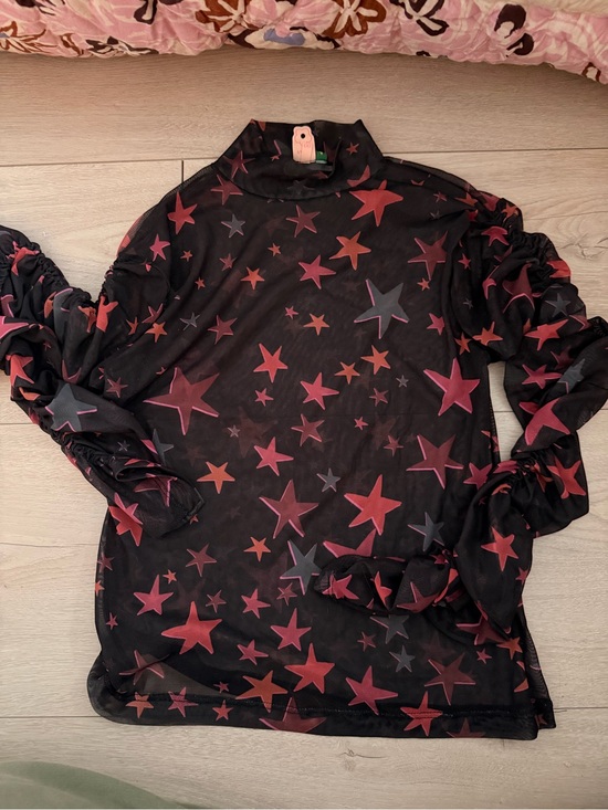 FARM Rio Tops - Farm Rio - Sheer Star Print Mock Neck Top - Black with Red Stars